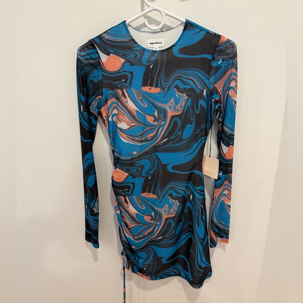 NWT Superdown Katya Ruched Mini Dress in Blue Marble